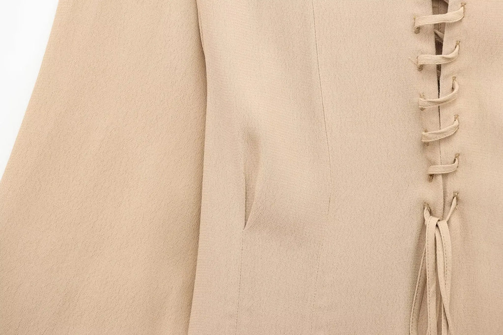 Womens Lace Up Mini Dress With Flared Sleeves Pleated