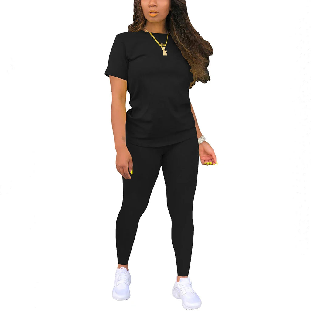 Women's Summer Two Piece Jogger Set with Short Sleeve Top and Matching Shorts