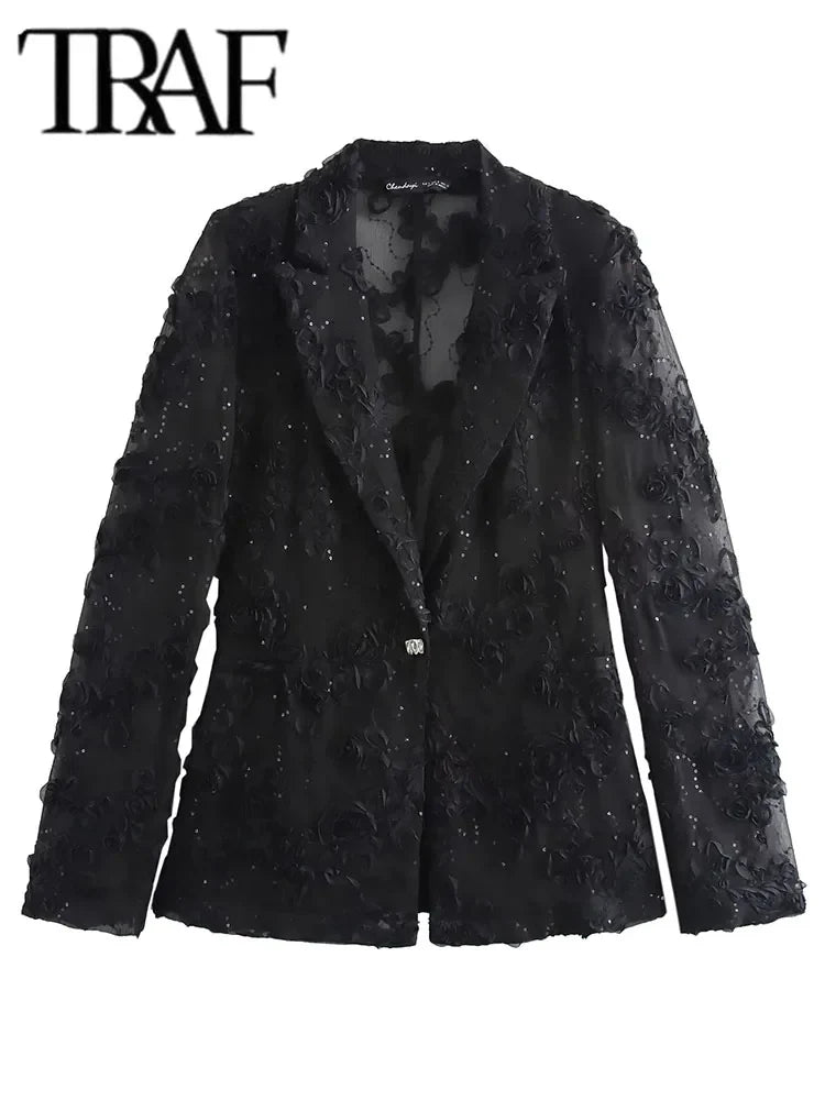 Sequin Two Piece Set for Women with Translucent Blazer Coat and Elegant Pants Stylish Party Outfit