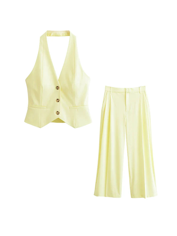 Women Summer Two-Piece Set Solid Halter Camisole Top and Trouser Outfit Elegant Street Style Clothing