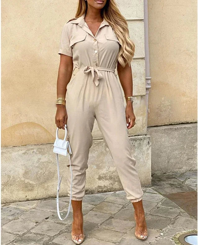 Casual Chic Overalls for Women Lapel Lace-Up Print Belted Work Jumpsuit One-Piece Bodysuit Elegant Long Sleeve Jumpsuit with Stylish Fit