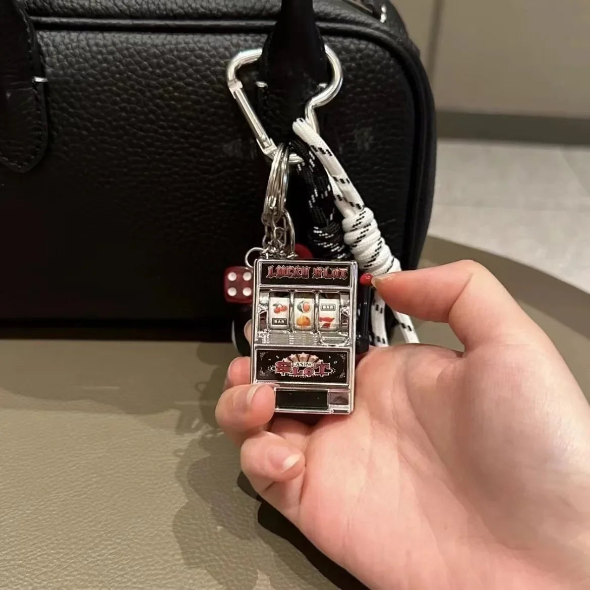 Portable Mini Fruit Slot Keychain Pendant Retro Toy Coin Operated Game for Kids and Adults