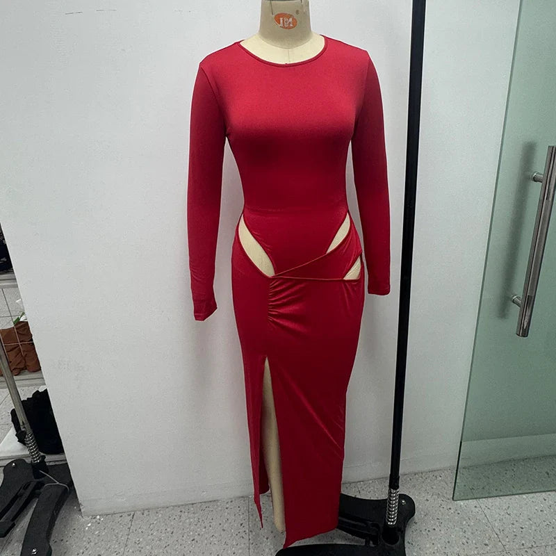 Long Sleeve Hollow Out Evening Dress With Irregular Slit