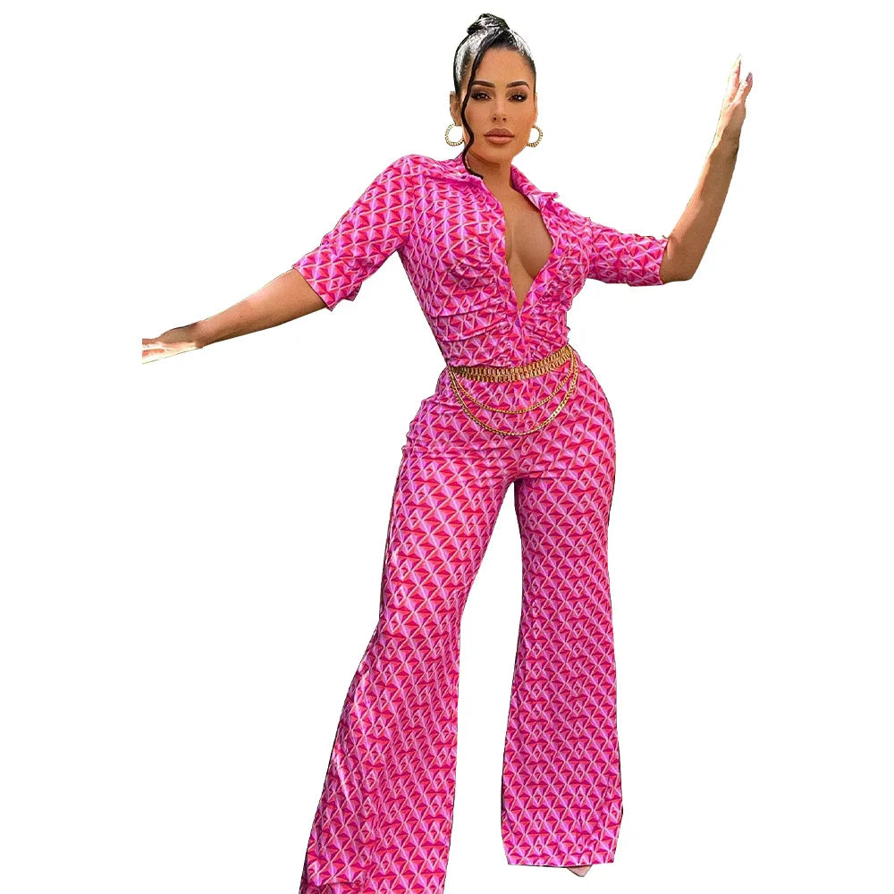 Elegant Chic Printed Women One Piece Slim Fit V Neck Long Sleeve Wrap Waist Jumpsuit Office Fashion Outfit