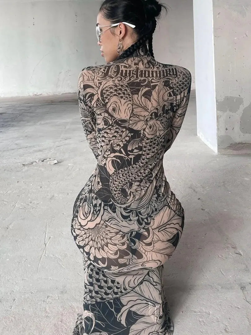 Women Mesh See Through Bodycon Long Sleeve Dress Autumn