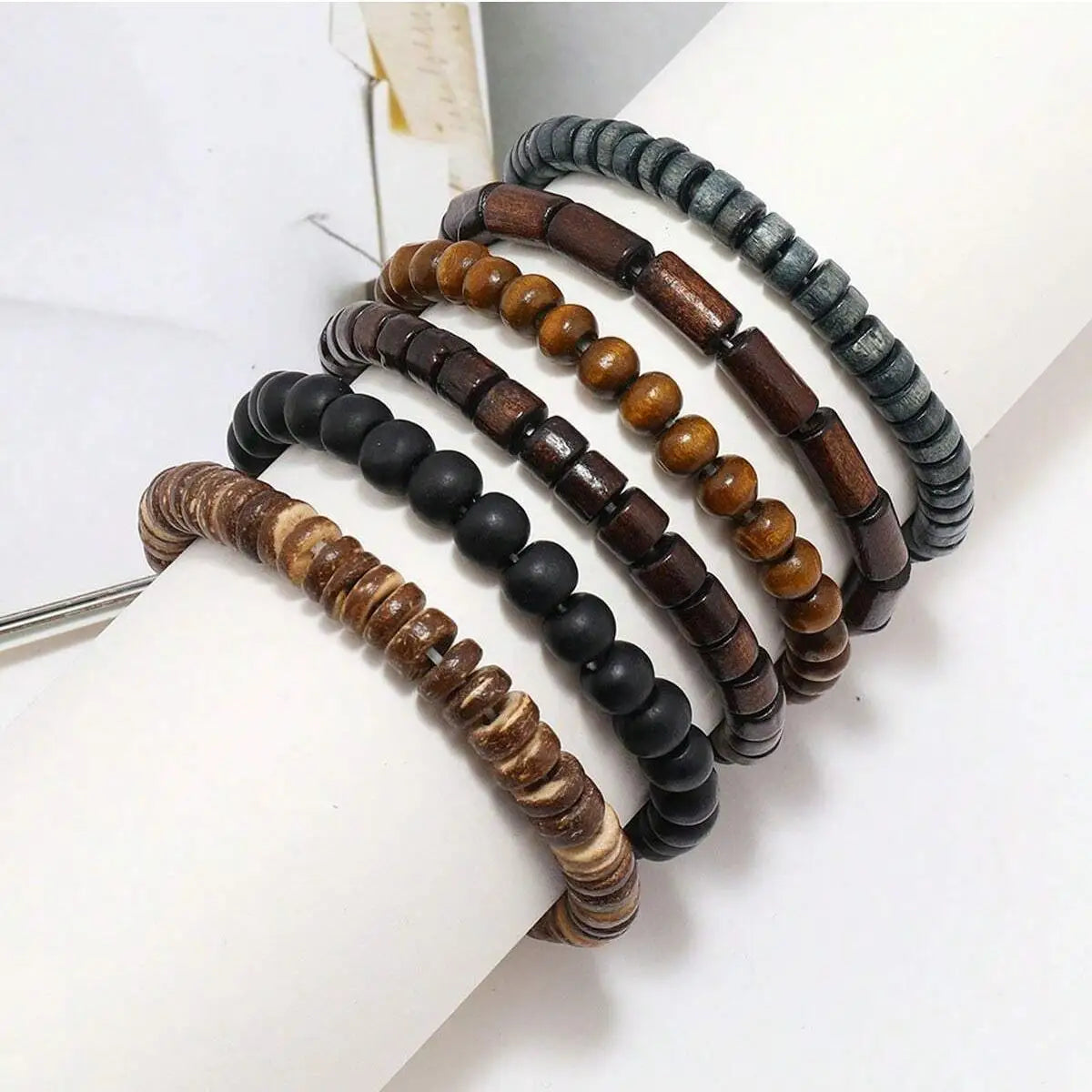 6PCS Wood Bead Leather Bracelet Set for Men Vintage Braided Wrap Fashion Armband