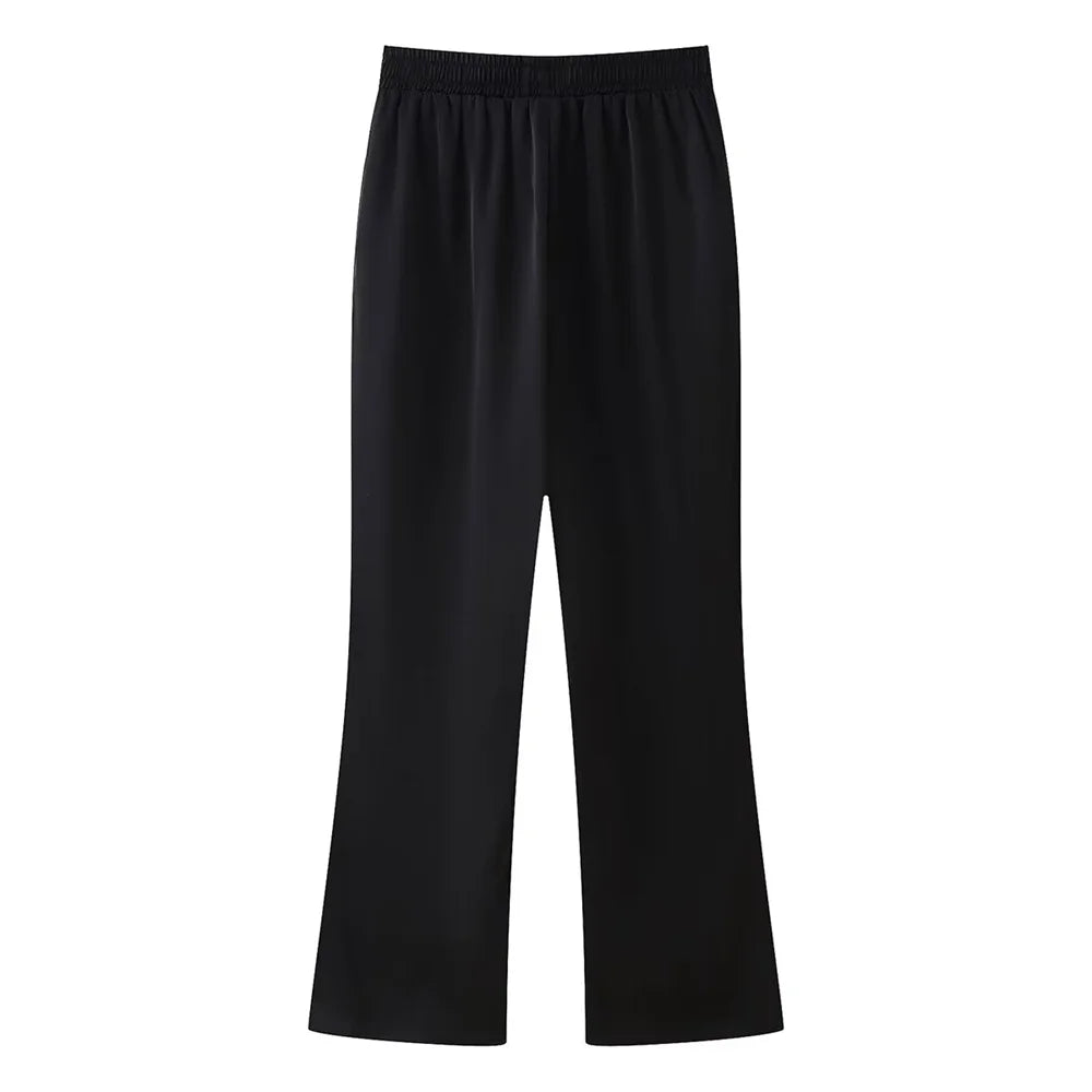 Women's Satin Texture Sequin Embroidered Shirt and High Waist Long Pants Set