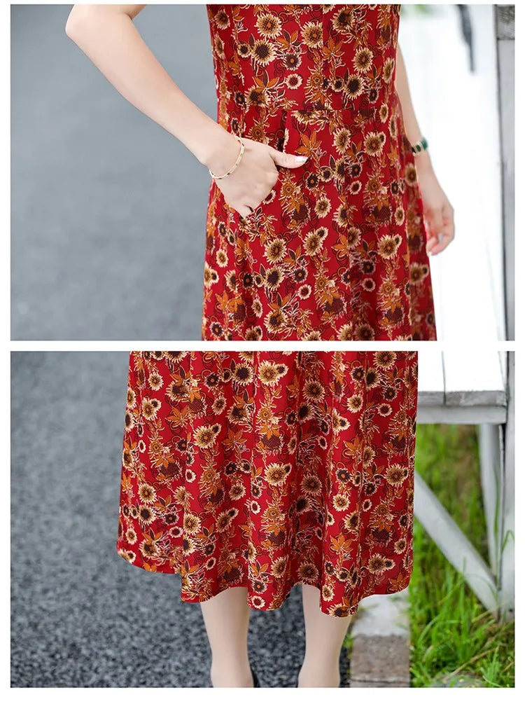 Bohemian Summer Dress With V Neck Print Vintage Midi