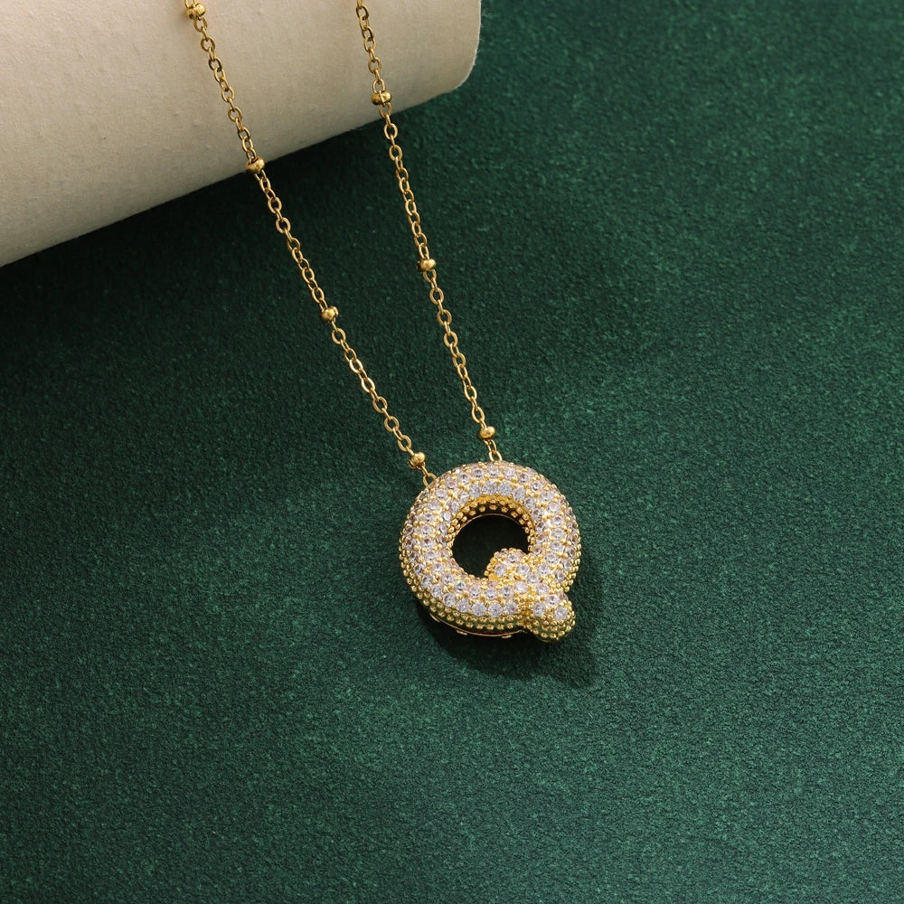 Luxury Zircon Crystal Initial Necklace for Women Stainless Steel Choker Chain Jewelry