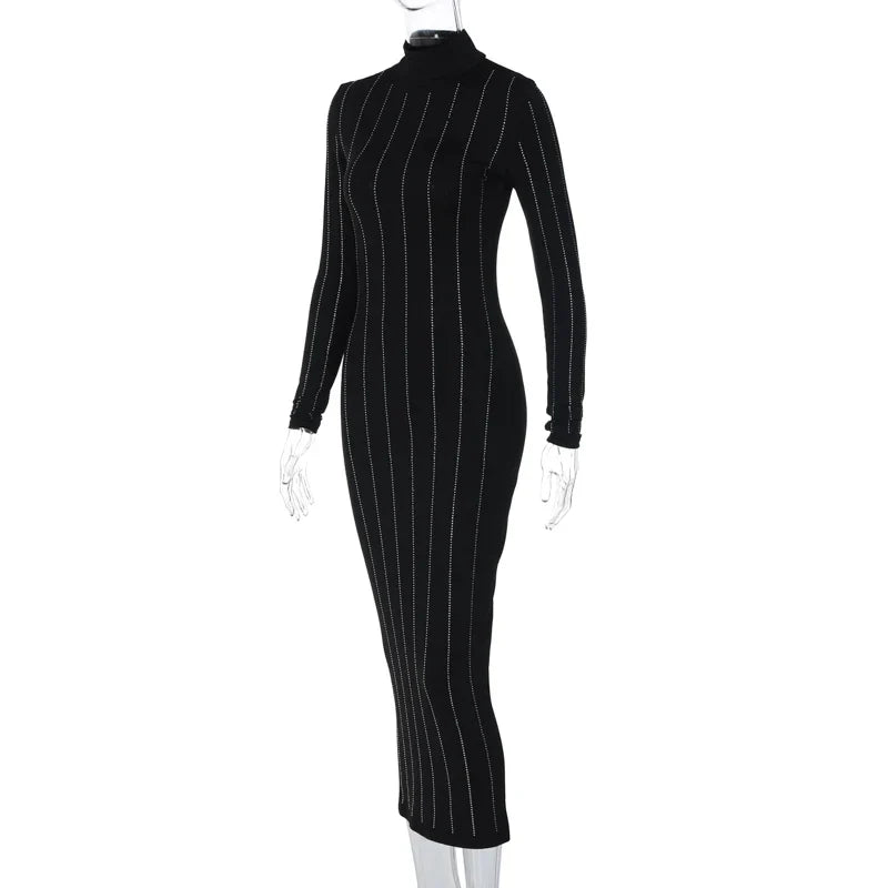 Sequined Bodycon Black Midi Dress Turtleneck Long Sleeve