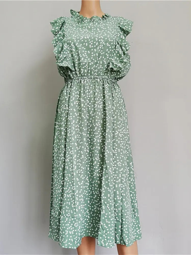 Chiffon Dot Print Butterfly Sleeve Dress With Ruffles