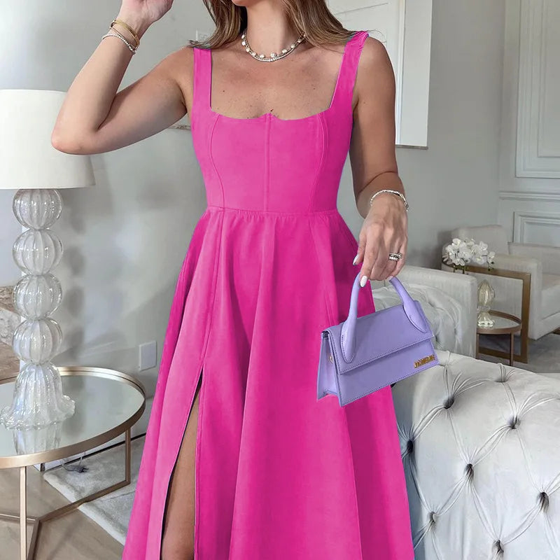 Spaghetti Strap Midi Dress With Side Slit And High Waist