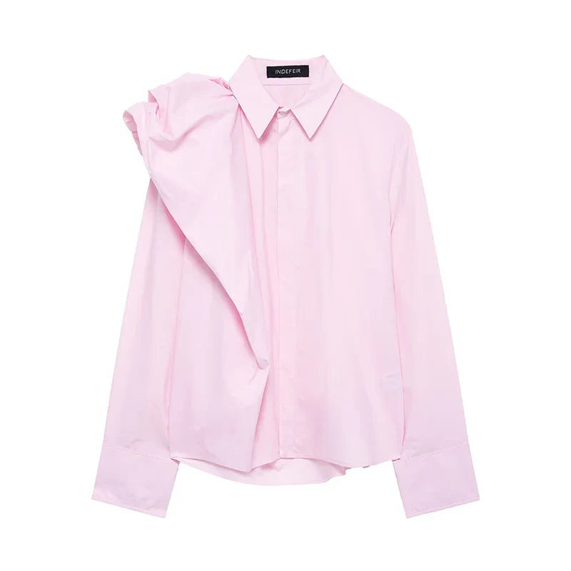 Women Long Sleeve Blouse with Turn Down Collar Pink Spring Top Chic Shoulder Design Office Shirt for Ladies