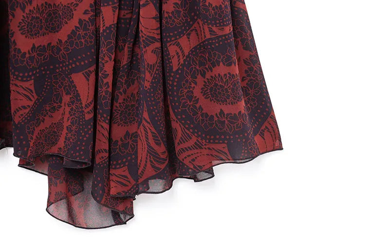 Women's Spring Printed Midi Skirt Two-Piece Set with Casual Folded Silk Texture Shirt and High Waist Skirt