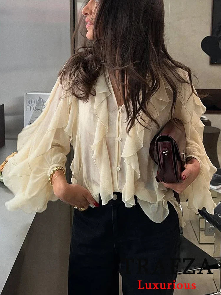 Burgundy Mesh Ruffle Blouse for Women Long Sleeve Sheer Loose Fit Elegant Party Top