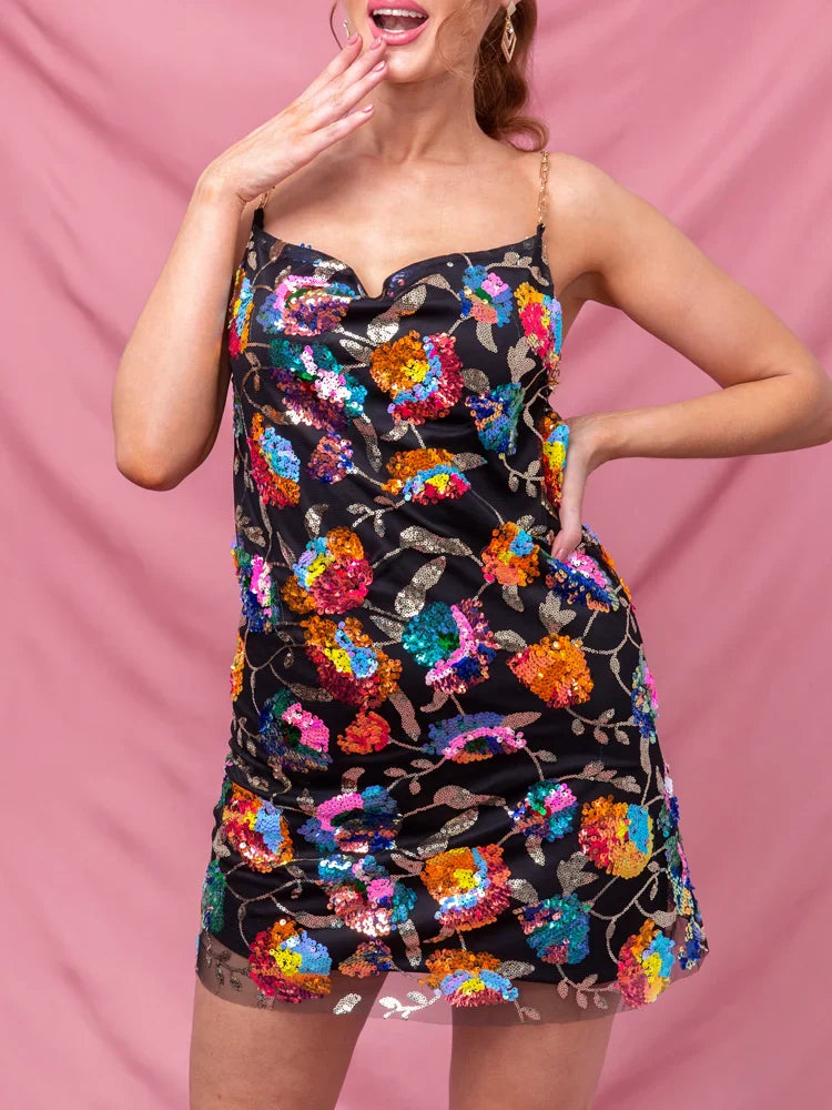 Floral Sequined Backless Mini Dress For Night Out Clubbing