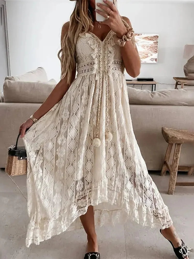 Boho Lace Maxi Dress For Women Sleeveless V Neck Sundress