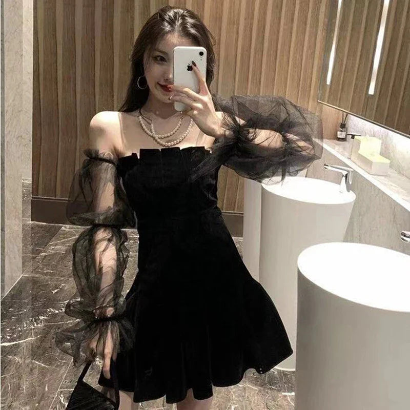 Black Tulle Off Shoulder Mini Dress Korean Style Chic