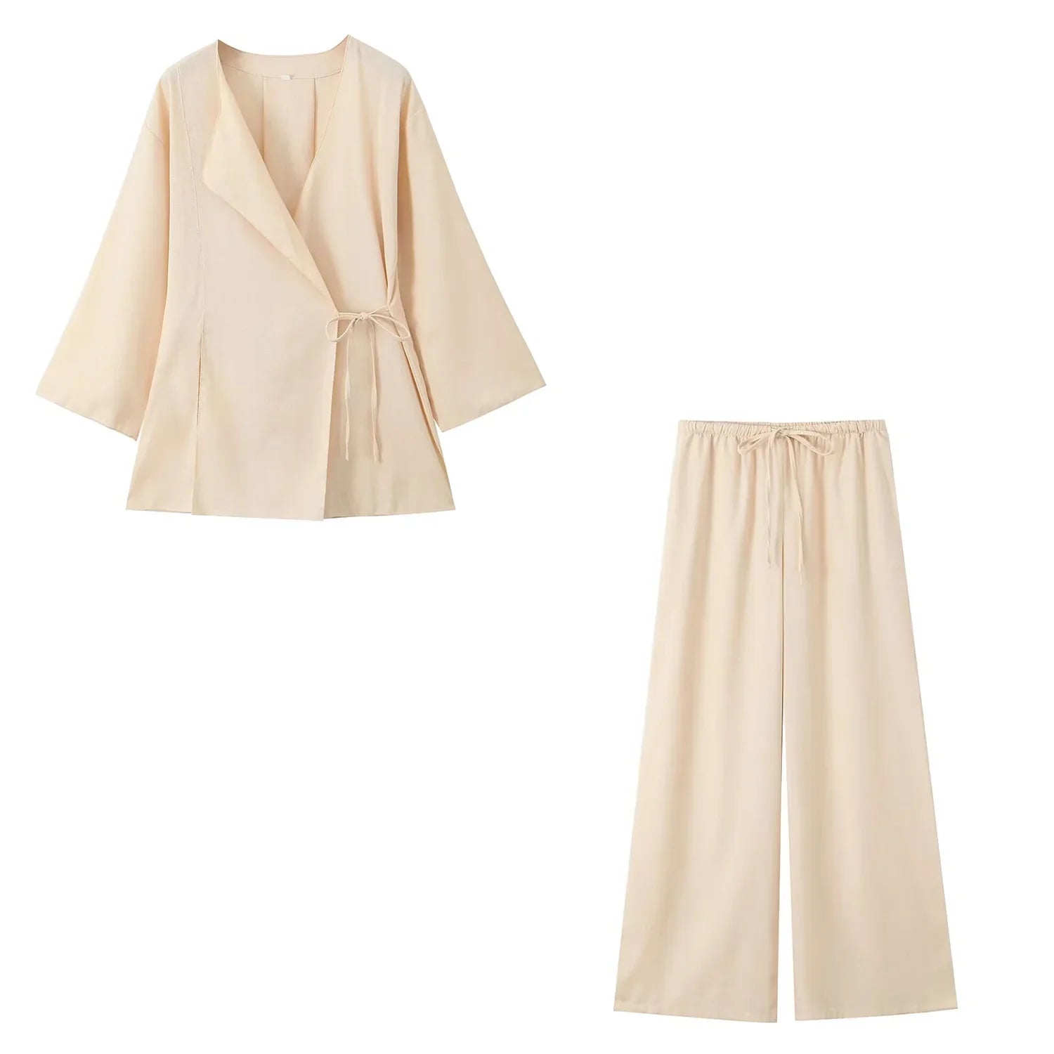 Casual Chic Solid Two Piece Women Set with Long Sleeve Kimono Jacket and Pants Nightwear Suit