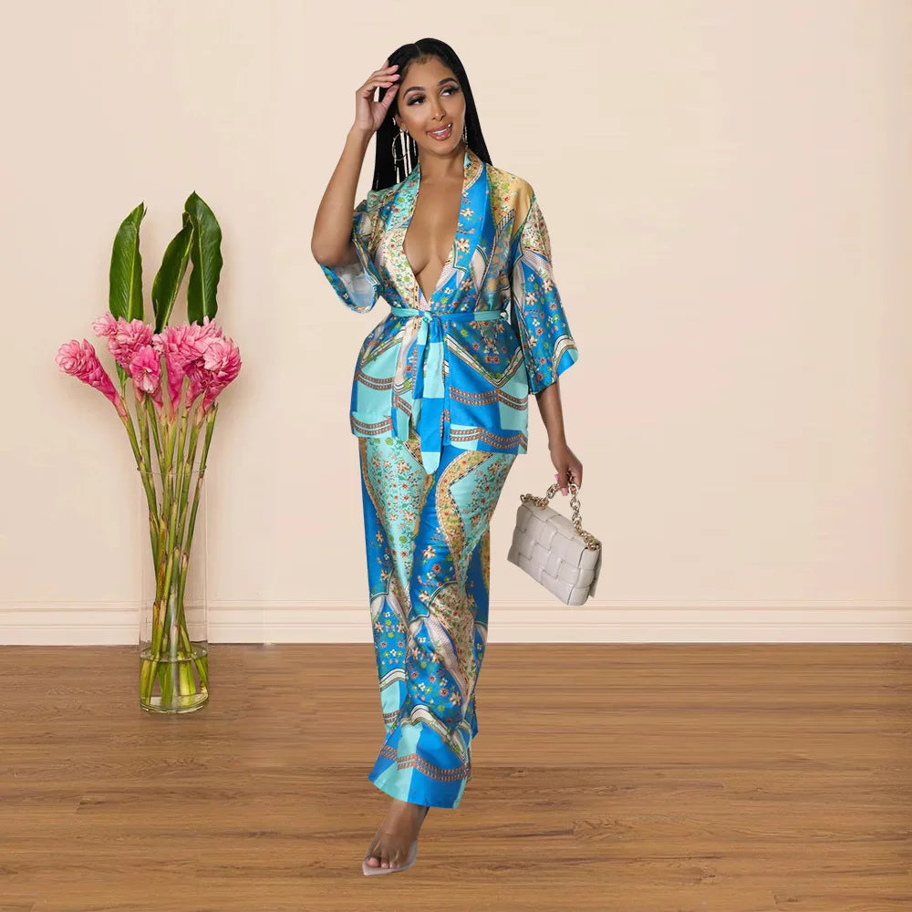 Women's Imitation Silk Printed Two Piece Set with Lace-Up Long Sleeve Top and Wide-Leg Pants for Casual Street Style