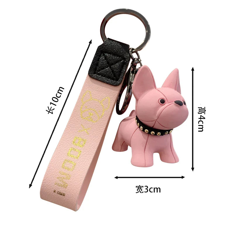 Punk French Bulldog Keychain PU Leather Dog Bag Pendant for Women and Men Car Key Ring