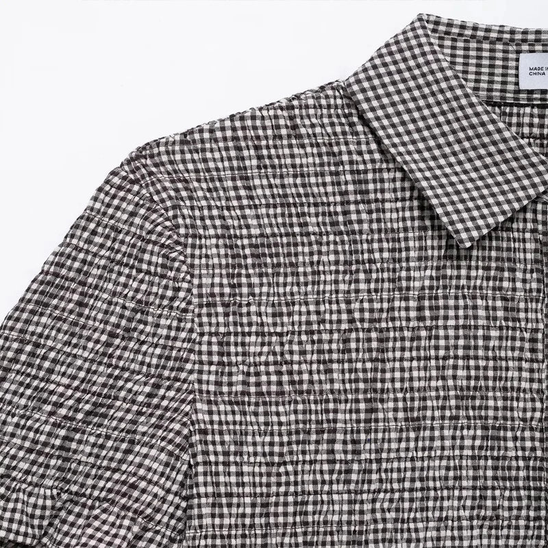 Women's Casual Plaid Short Sleeve Shirt Single Breasted Vintage Chic Button-Up Top