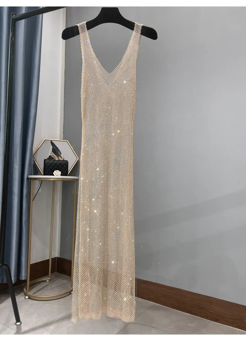 Rhinestone Party Dress Deep V Neck Mesh Club Wear For Women