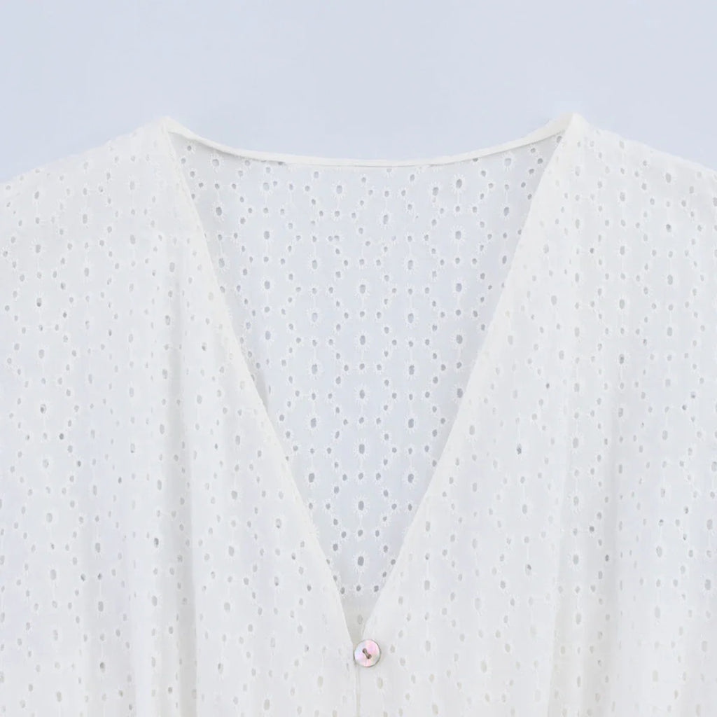 Womens Hollow Embroidery V Neck Lantern Sleeve Mini Dress