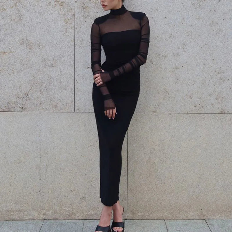 Mesh Patchwork See Through Dress For Women Turtle Neck