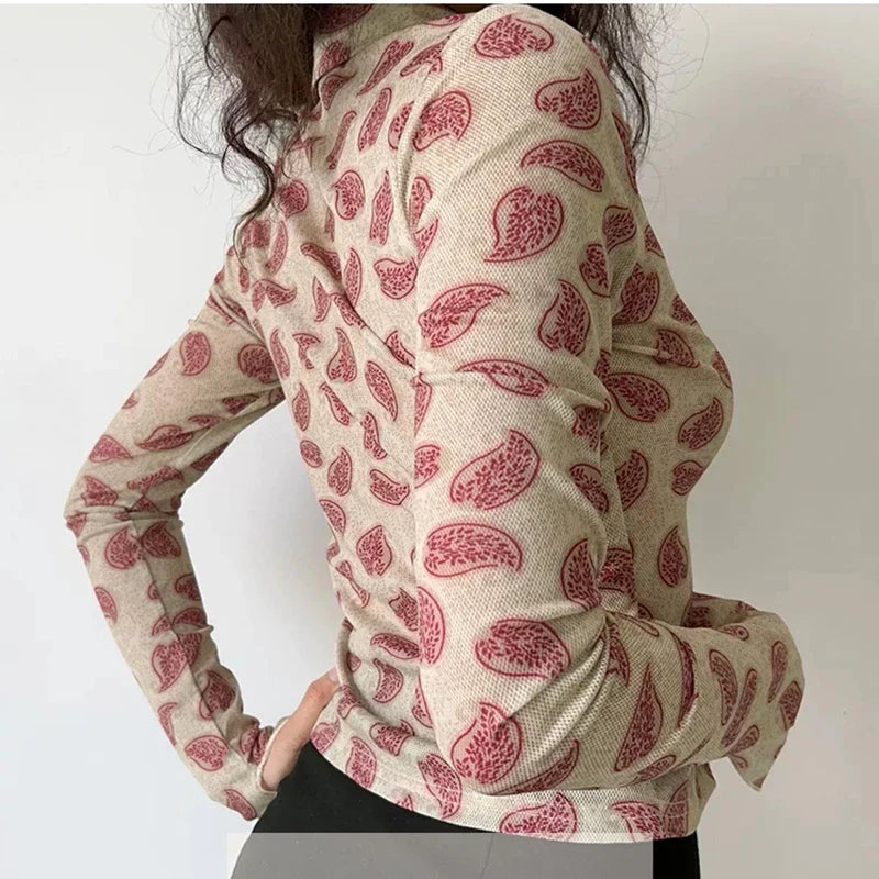 Women Printed Long Sleeve Blouse Turn-Down Collar Button-Up Cardigan Shirt Casual Office Top Vintage Autumn Fashion