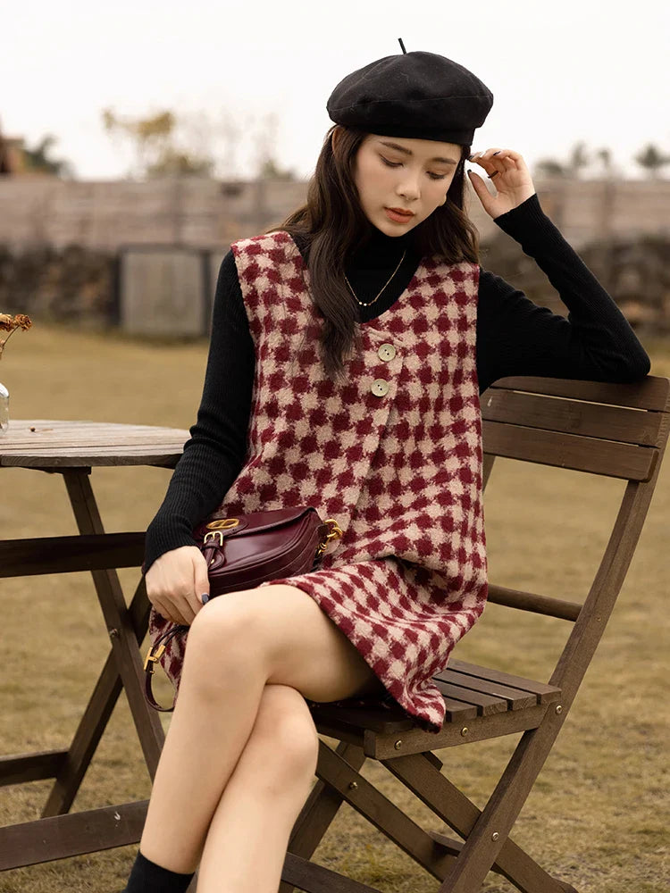 Plaid Vest Dress Aline Woolen Sleeveless Vneck Chic