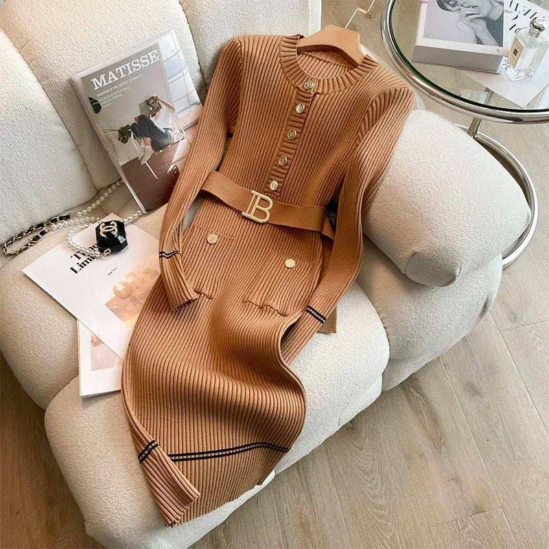 Womens Knitted Dress With Belt O Neck Bodycon Sweater Dress