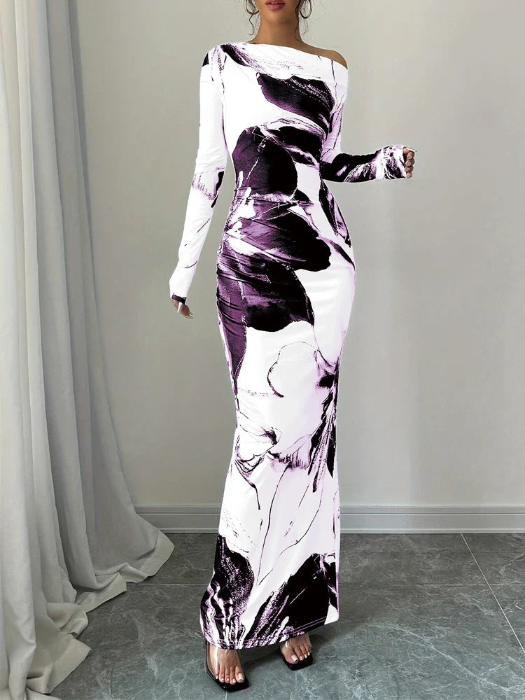 Off Shoulder Dress Slim Fit Printed For Spring Summer