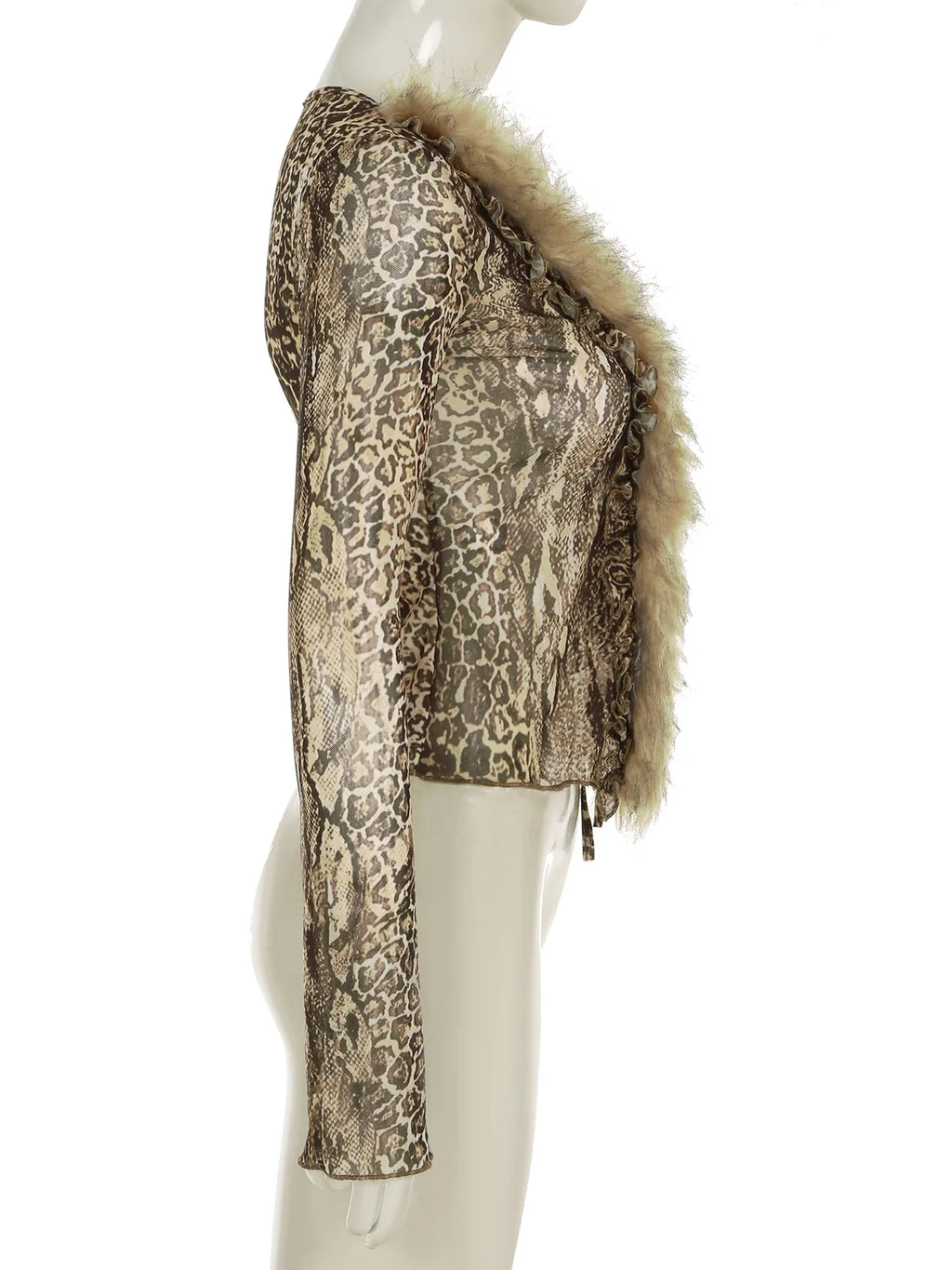 Casual Leopard Fur Trim Sheer Mesh V-Neck Long Sleeve Slim Bandage Blouse for Women