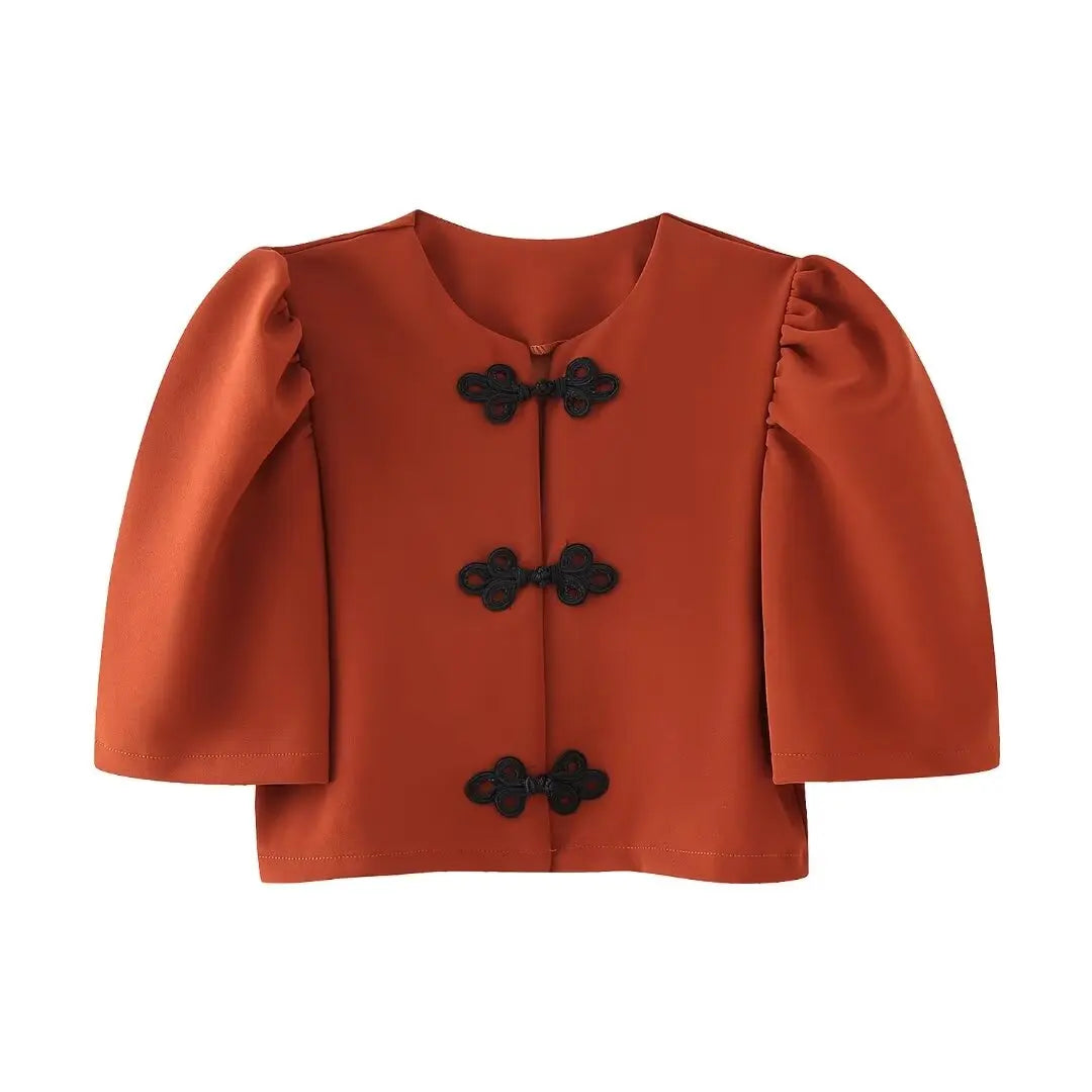 Women's Summer 2-Piece Set Solid Color Puff Sleeve Shirt and Zipper Mid-Rise Street Pants