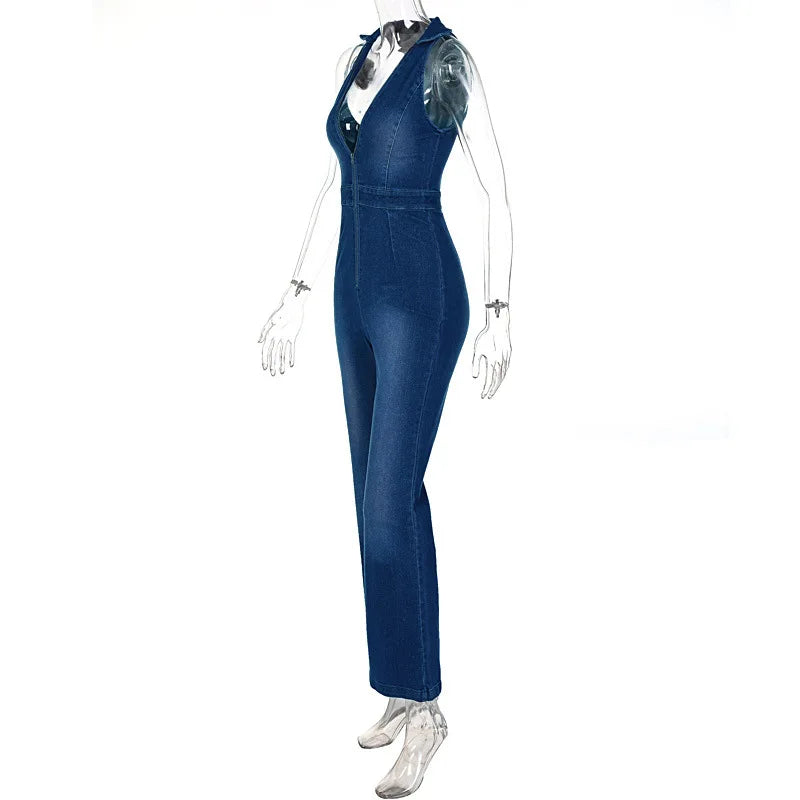 Elegant Denim Jumpsuit for Women V-Neck Zipper Sleeveless Bell Bottom Stylish Summer Party Outfit