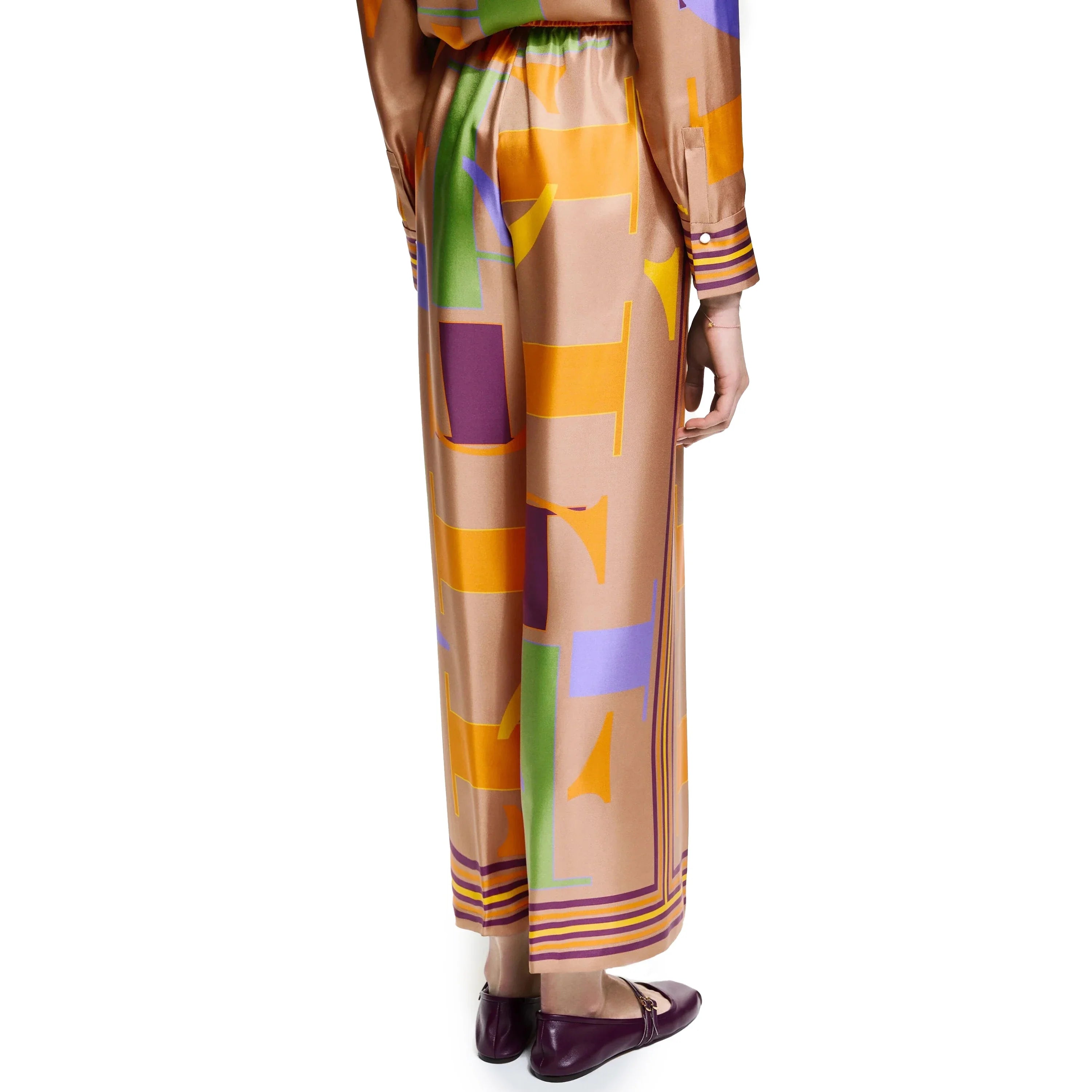 Loose Geometry Print Satin Two-Piece Set for Women with Wide Leg Trousers and Casual Tops