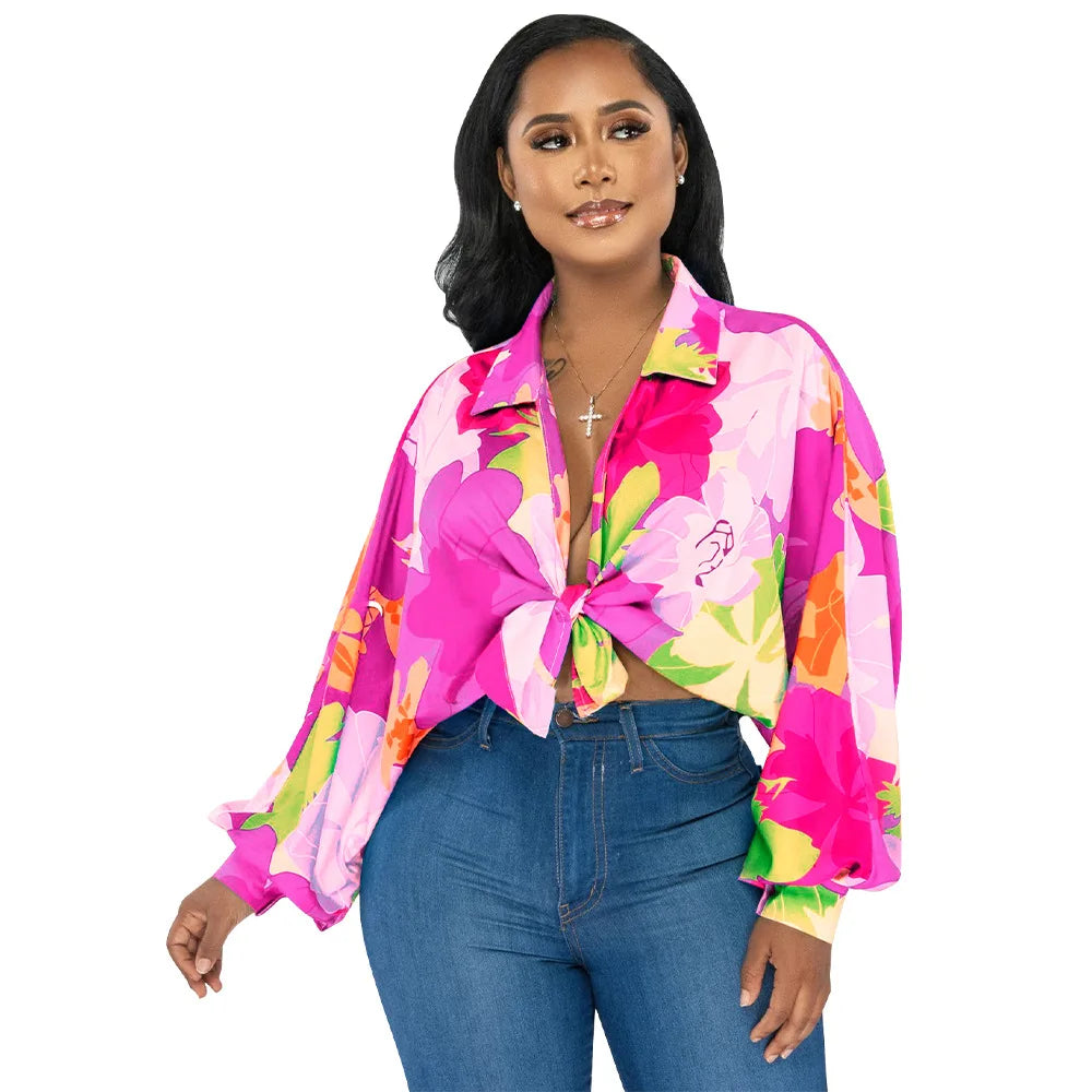 Women's Printed V-Neck Ramie Shirt Loose Bat-Sleeve Summer Top with Belly Cover Age-Reducing Design