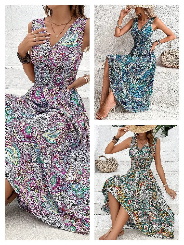 Elegant Womens Printed Vneck High Waisted Dress For Casual