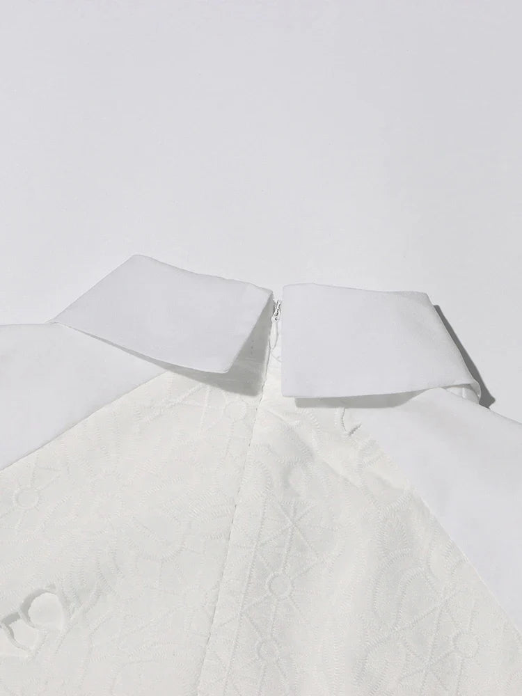 Patchwork Lace Hollow Dress Belted Lantern Sleeve For Women