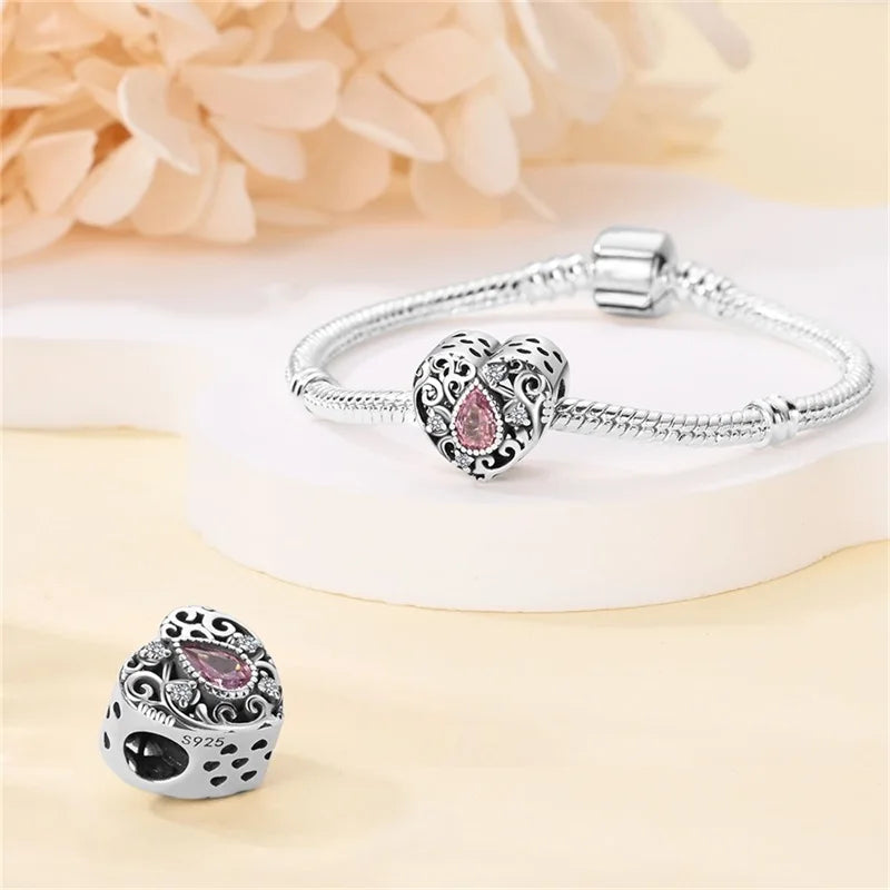 Silver Plated Lotus Guardian Angel Heart-Shaped Zircon Charms Beads for DIY Jewelry and 925 Bracelets