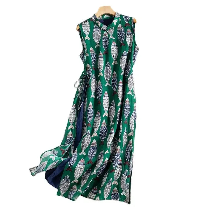 Fish Plaid Print Cotton Linen Dress O Neck Sleeveless A Line