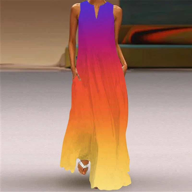 Sleeveless V Neck Printed Maxi Dress For Summer Beachwear