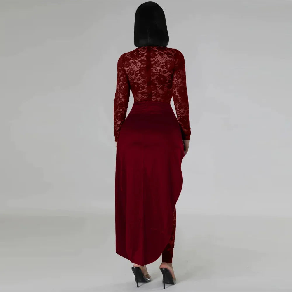 Sexy Sheer Floral Lace Jumpsuit with Overlay Skirt Stretchy Skinny One Piece Romper for Nightclub Party Women Clubwear
