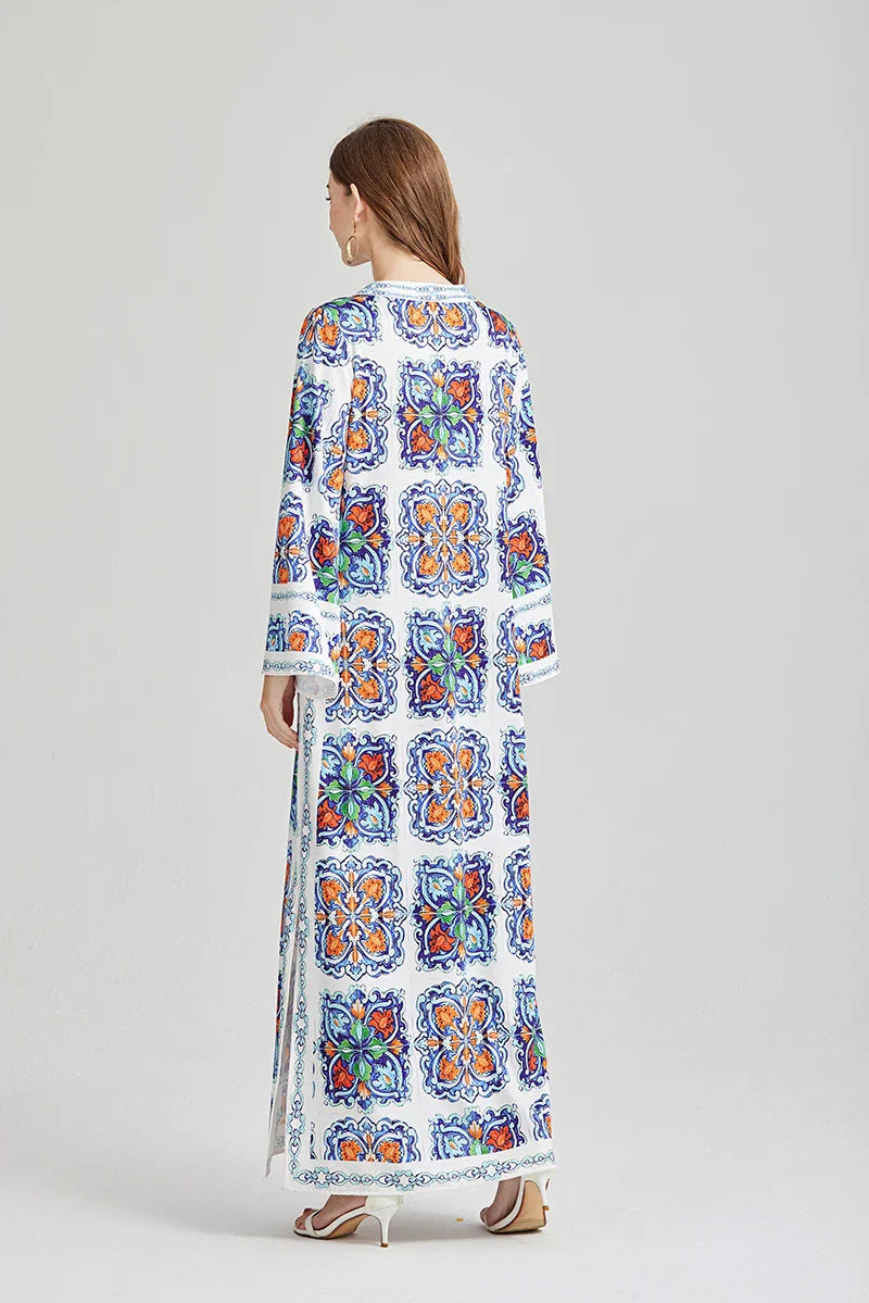 Bohemian Maxi Dress Floral Print Long Sleeve O Neck