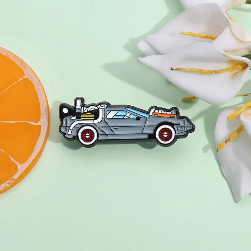 Retro Cartoon Sports Car Enamel Pin Science Fiction Inspired Brooch Jacket Lapel Badge Jewelry Gift