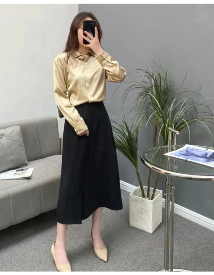 Women Satin Silk Shirt 93% Mulberry Silk 7% Spandex 19 Momme Classic Long Sleeve Blouse Solid Color Office Top for Women M L XL XXL