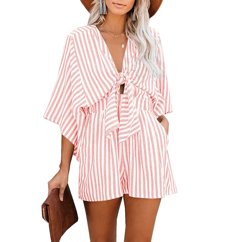 Women's Summer Slimming Striped Jumpsuit with Deep V Neck, Flared Three Quarter Sleeves, and Wide Leg Pants