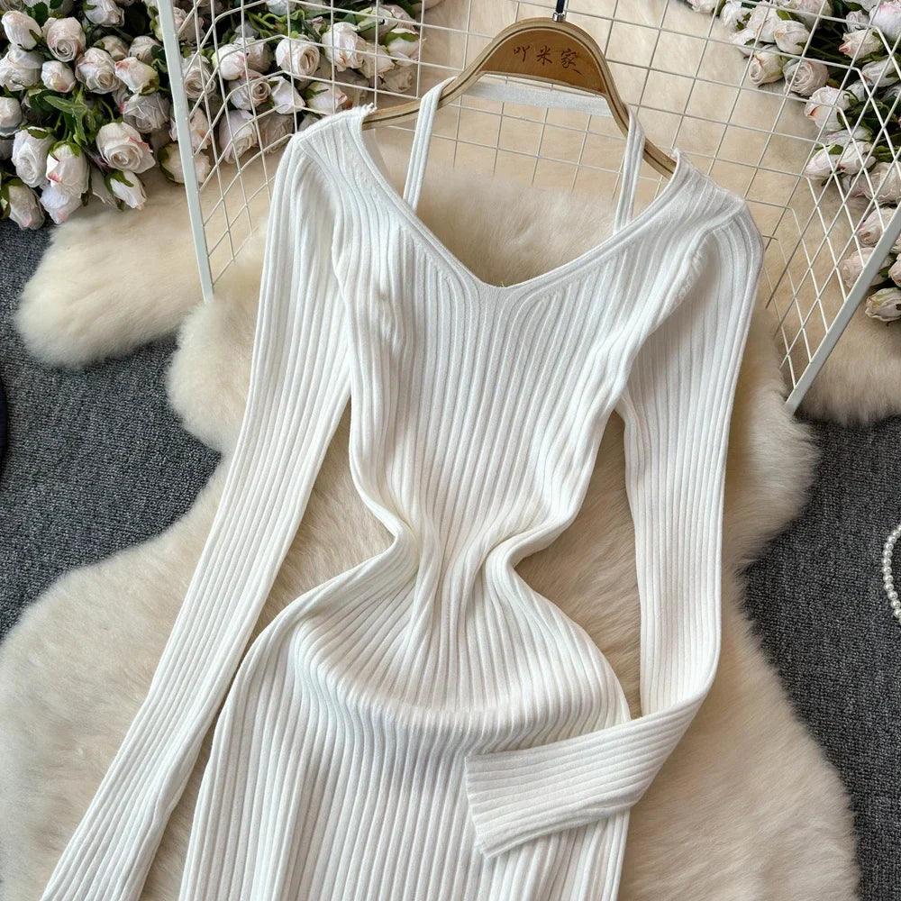 White Long Sleeve V Neck Lace Up Elegant Dress For Women