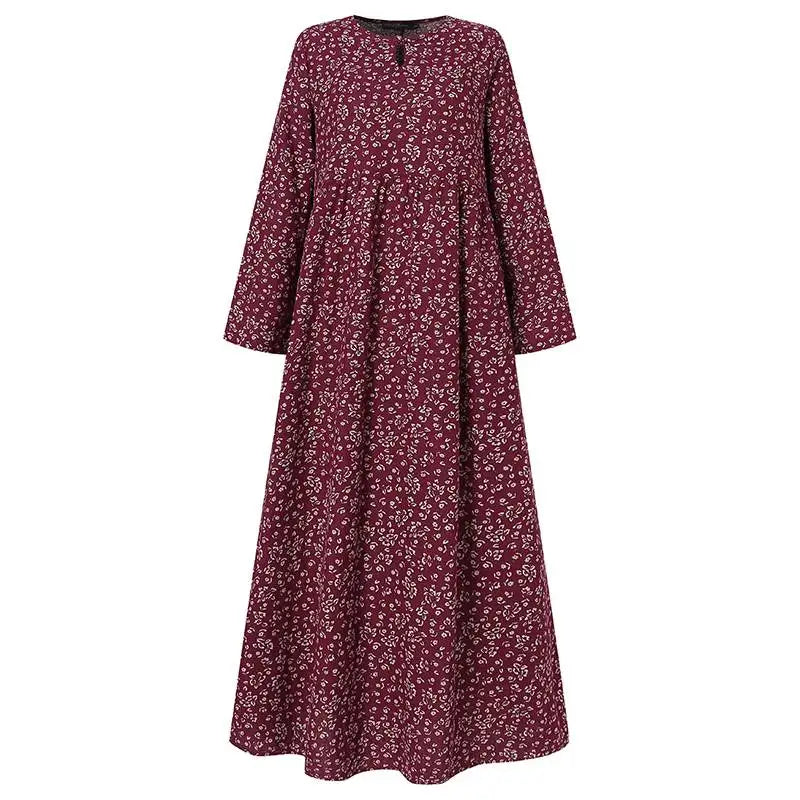 Floral Print Maxi Dress With Long Sleeves O Neck Boho Style